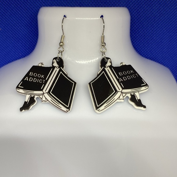Acrylic Earrings,"Book Addict" Engraved Magic Book Design Vintage Style Dangle - Picture 2 of 5